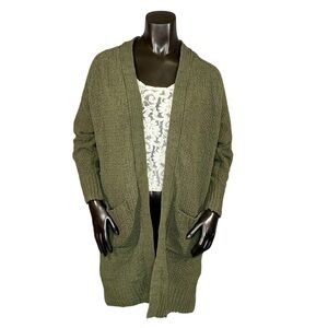 Poof Open Front Cable Knit Cardigan Sweater Womens Size Medium Olive Green Long